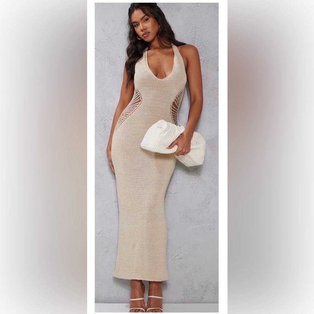 NEW - Stone Knitted Distressed Ladder Cut Out Maxi Dress from PrettyLittleThing.